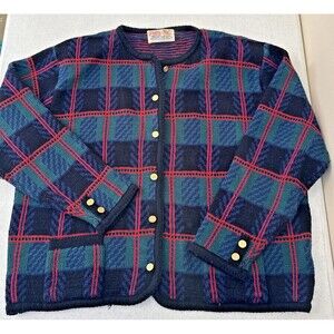 Tally Ho Cardigan Women Blue Green Red Tartan Plaid Gold Shield Buttons VTG Lg